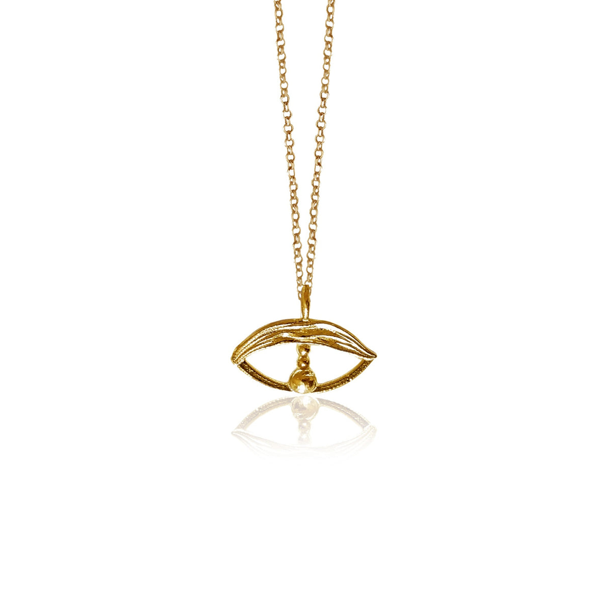 Gold necklace with an eye-shaped pendant on a white background