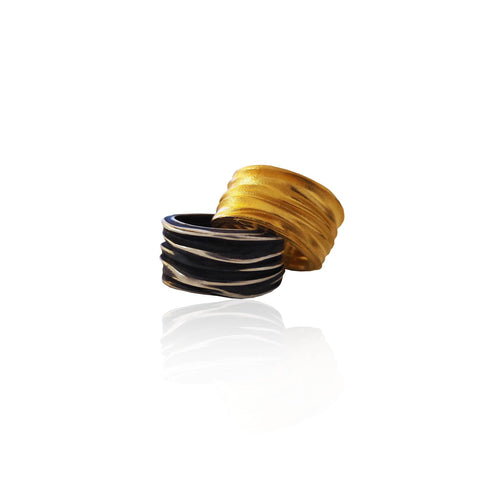 Athenais Flow Ring by Athenart in silver, gold plated, and oxidized finishes. Handmade adjustable Greek jewelry inspired by flowing folds.
