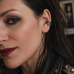 Rocker Spine oxidized silver ear cuff worn by brunette model, handmade by Athenart in Athens