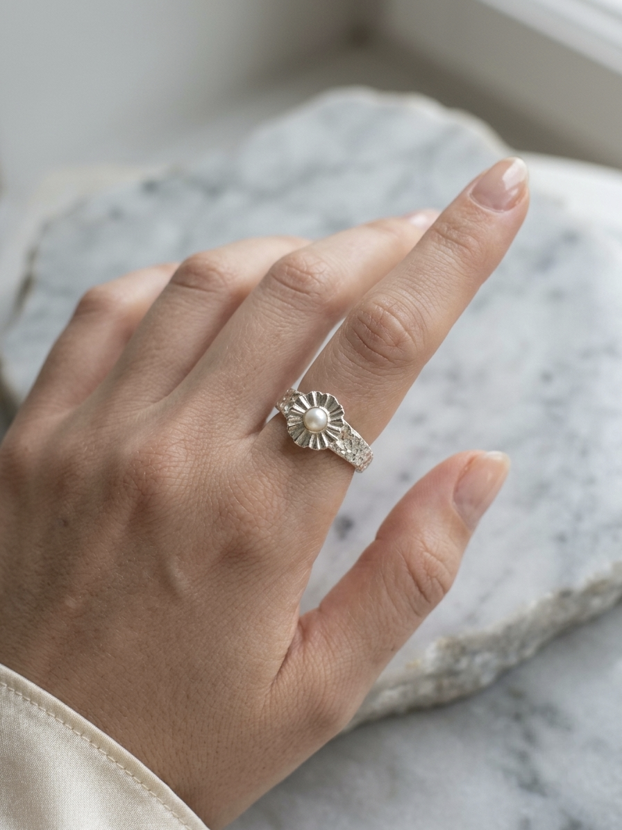 Hand wearing a silver ring with a pearl on a marble surface