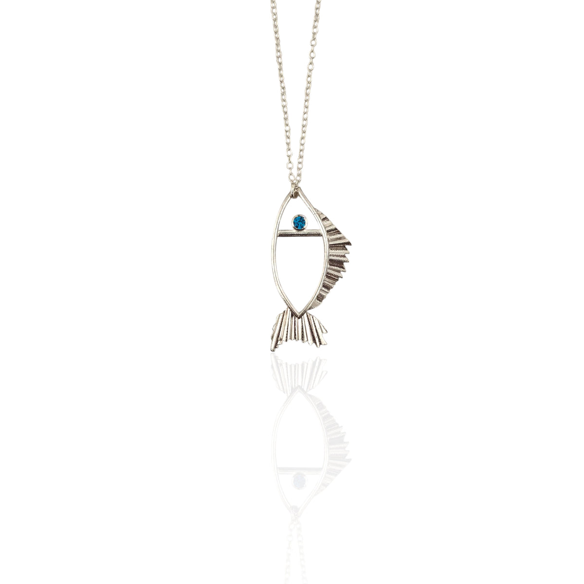 Galene fish necklace in silver with light blue zircon medium size