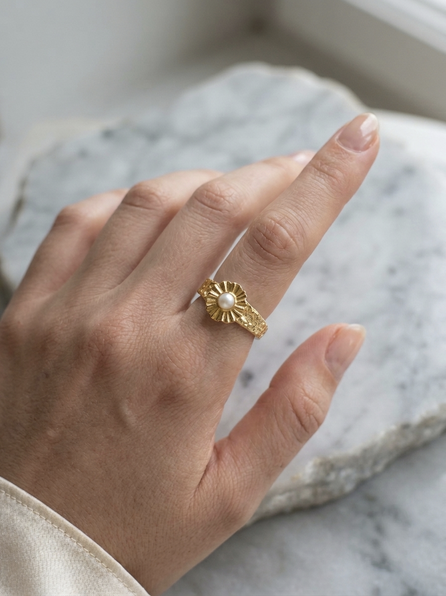 Gold ring with a pearl on a person's finger against a marble background