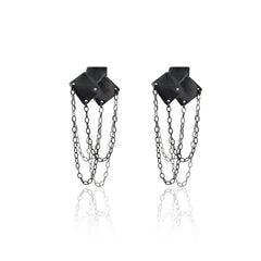 Athenart Bouquet Rocker Earrings – oxidized silver with cascading chains, front view.