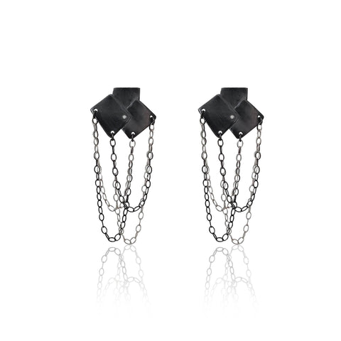 Athenart Bouquet Rocker Earrings – oxidized silver with cascading chains, front view.