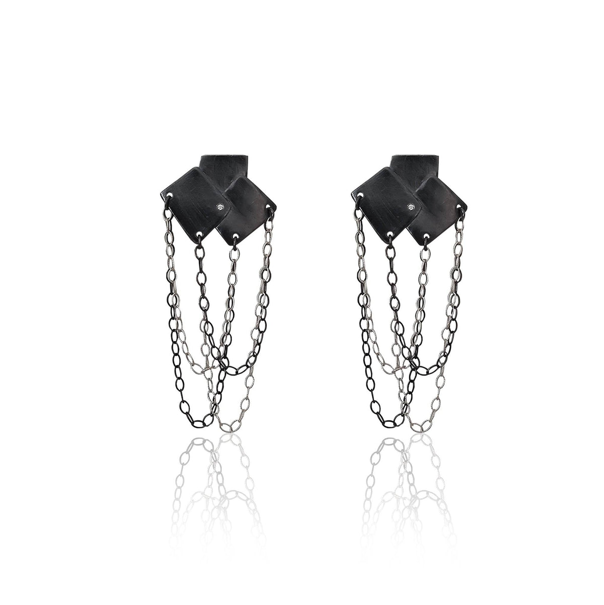 Athenart Bouquet Rocker Earrings – oxidized silver with cascading chains, front view.